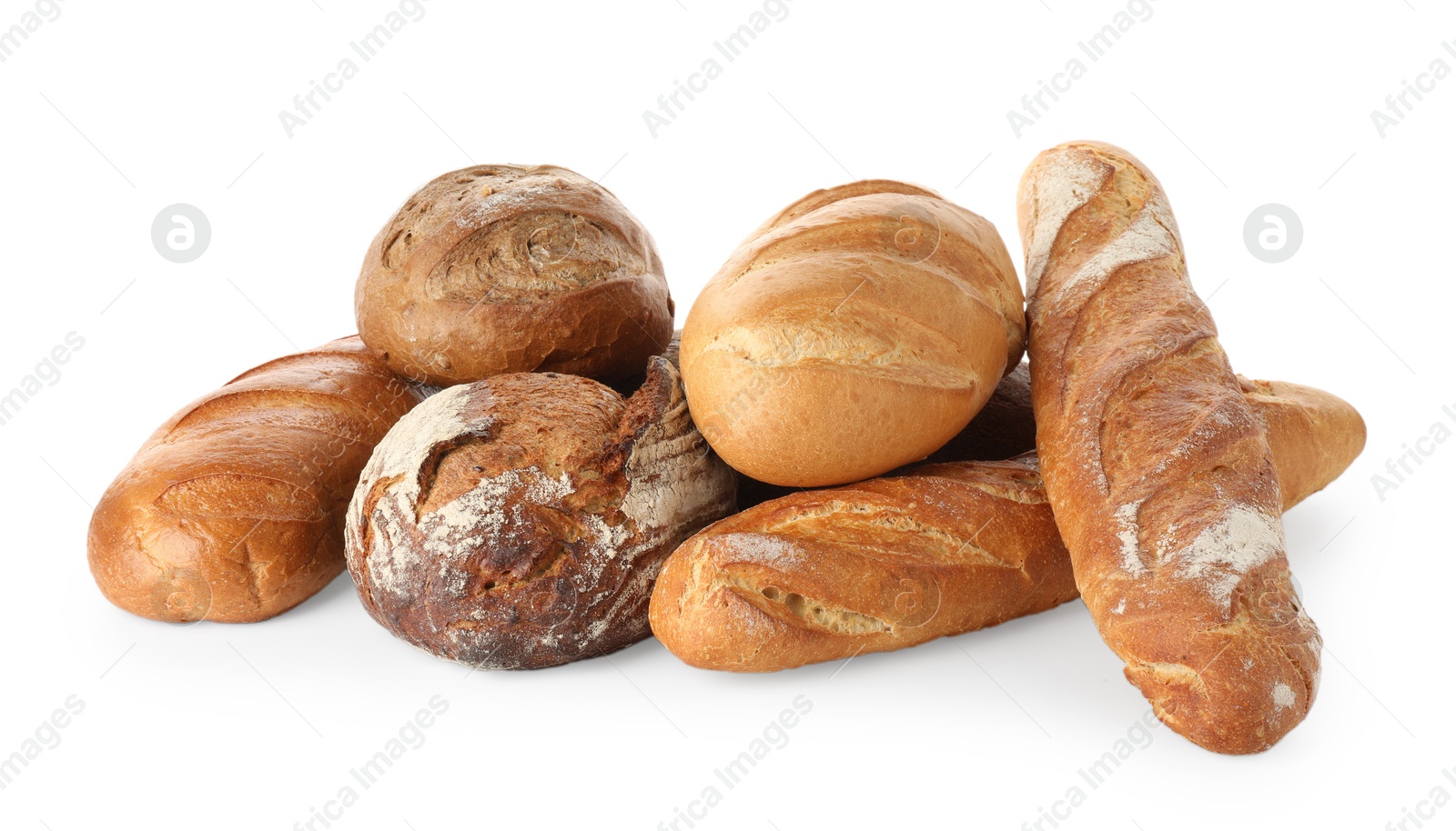 Photo of Different freshly baked bread loafs isolated on white