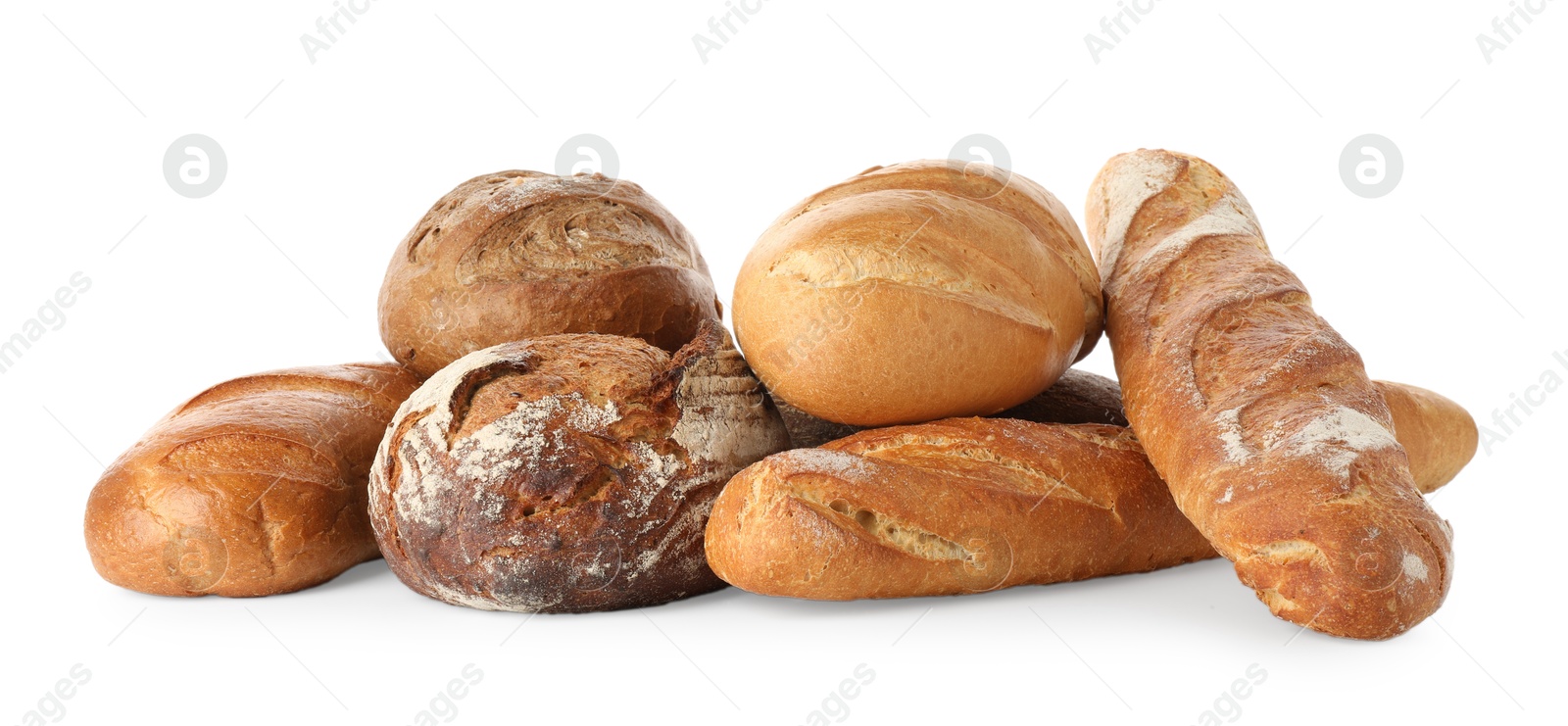 Photo of Different freshly baked bread loafs isolated on white