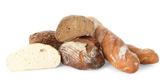 Photo of Different freshly baked bread loafs isolated on white