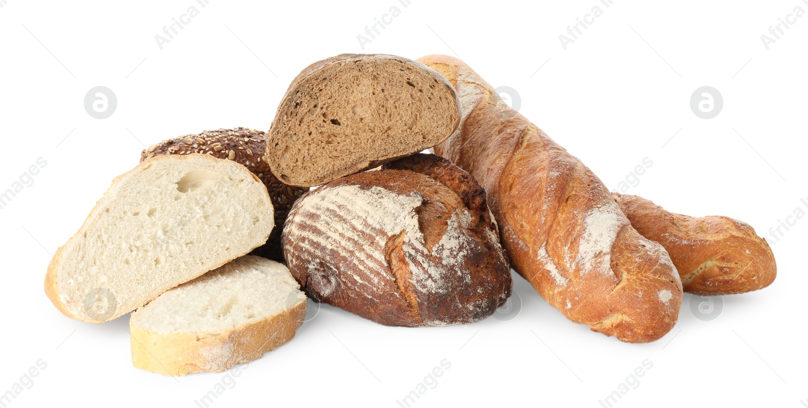 Photo of Different freshly baked bread loafs isolated on white