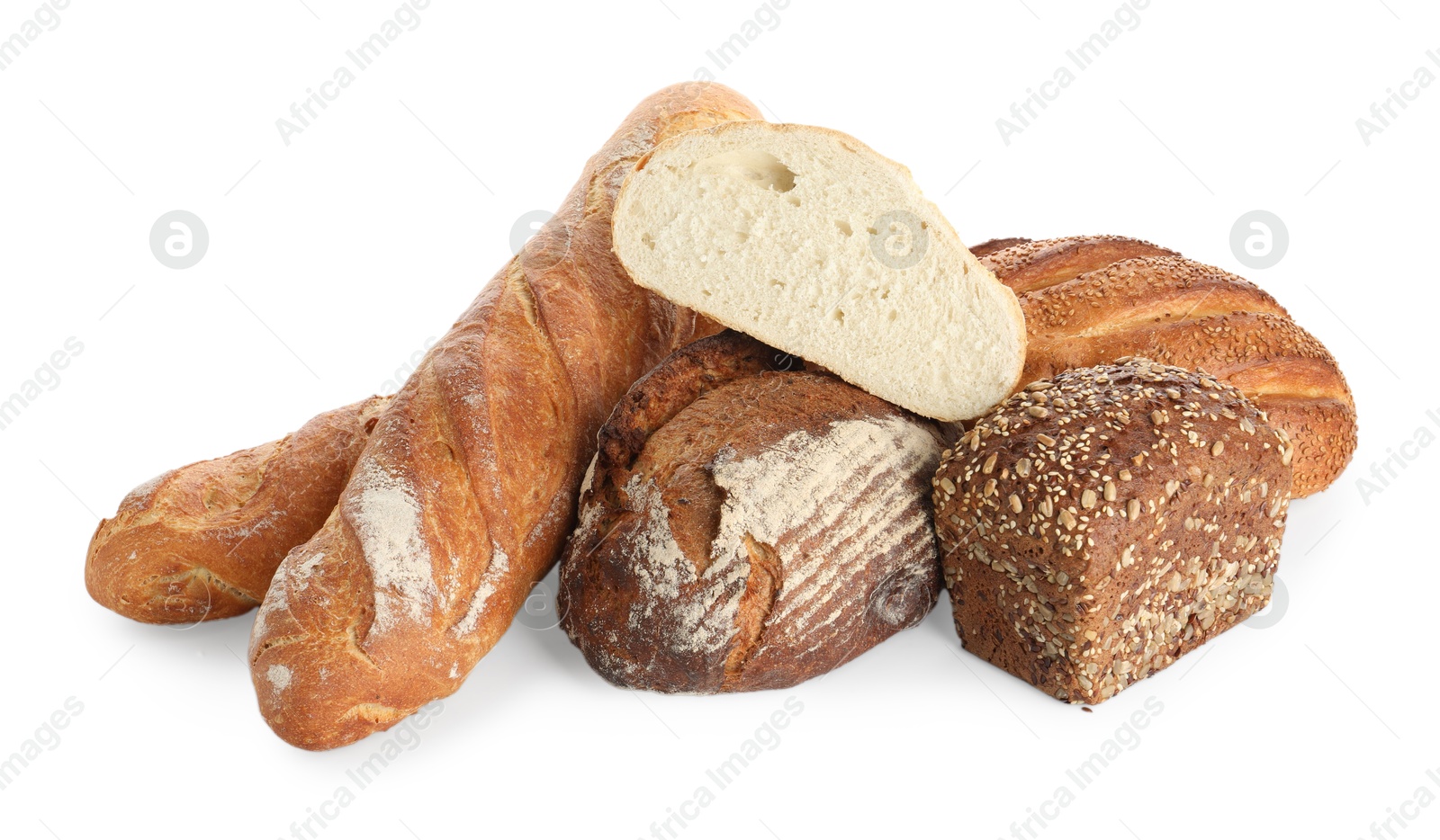 Photo of Different freshly baked bread loafs isolated on white