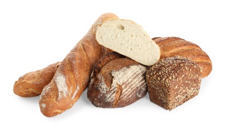 Photo of Different freshly baked bread loafs isolated on white