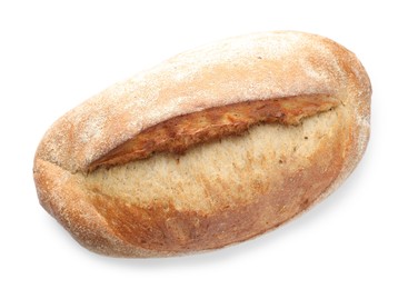 Photo of Whole loaf of freshly baked bread isolated on white, top view