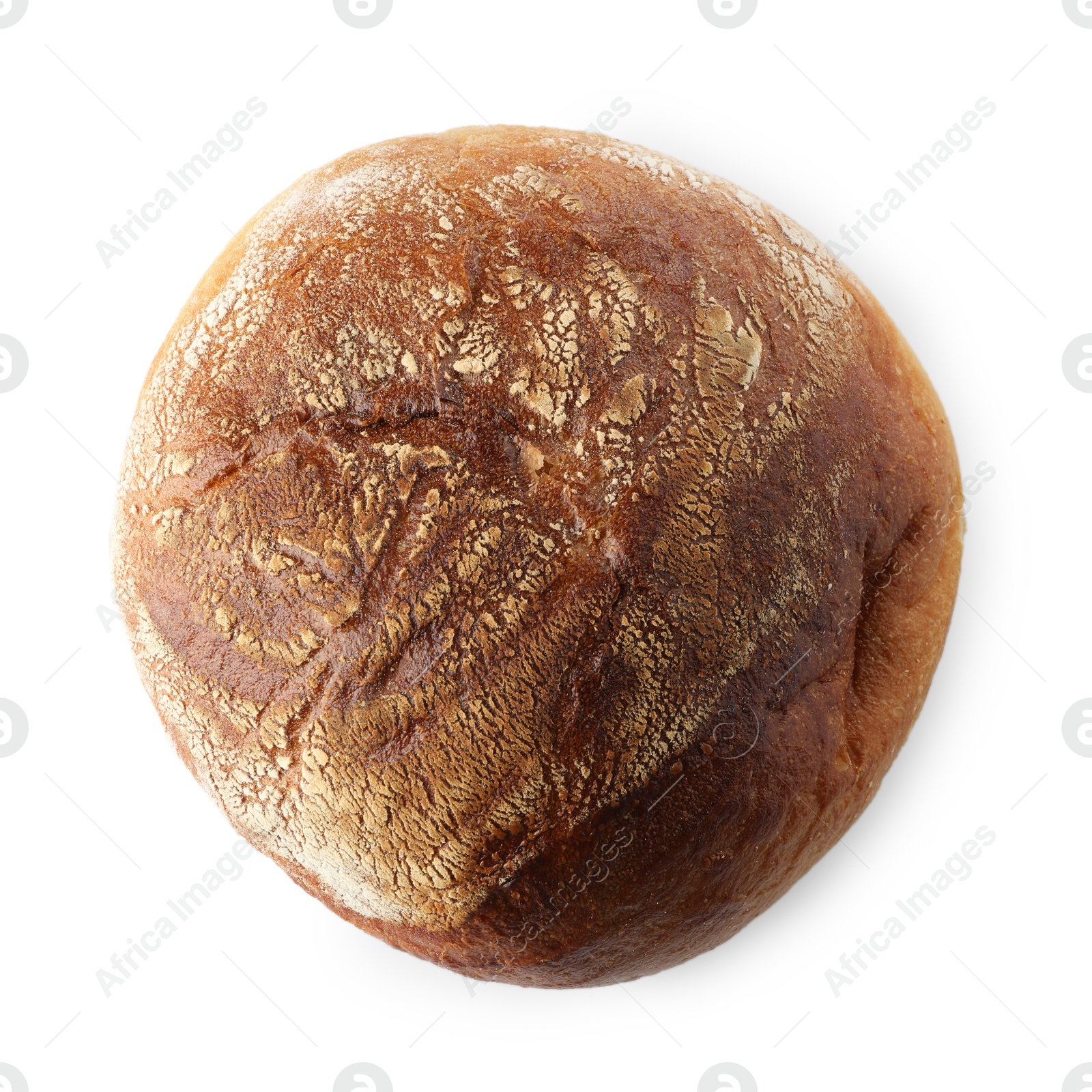 Photo of Whole loaf of freshly baked bread isolated on white, top view