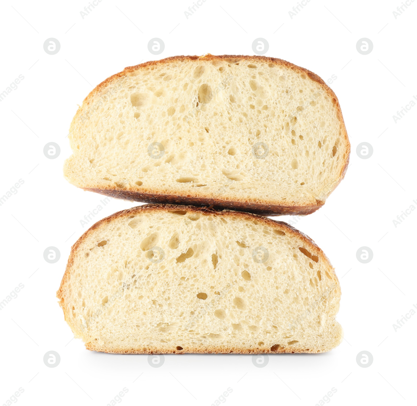 Photo of Pieces of freshly baked bread isolated on white