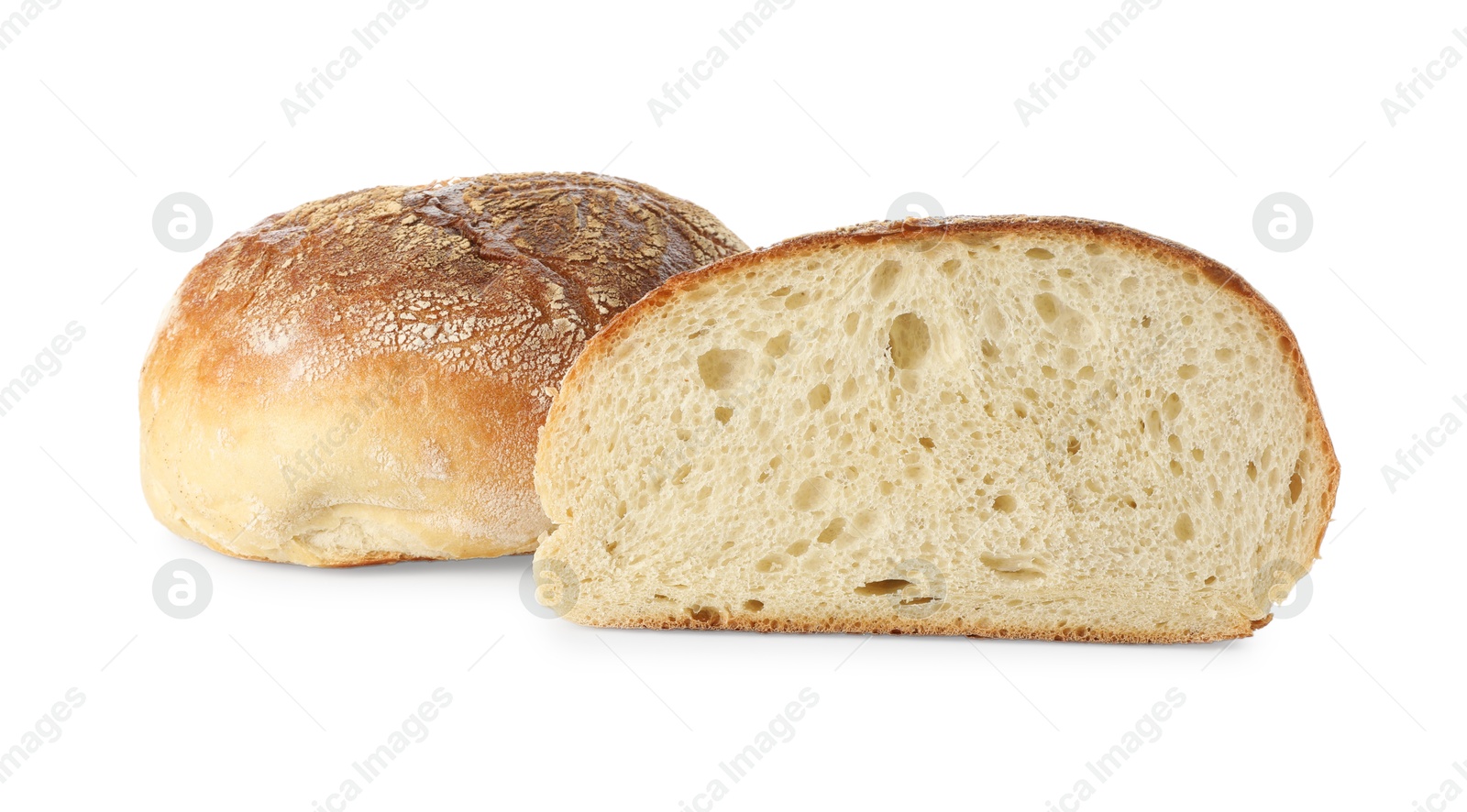 Photo of Pieces of freshly baked bread isolated on white