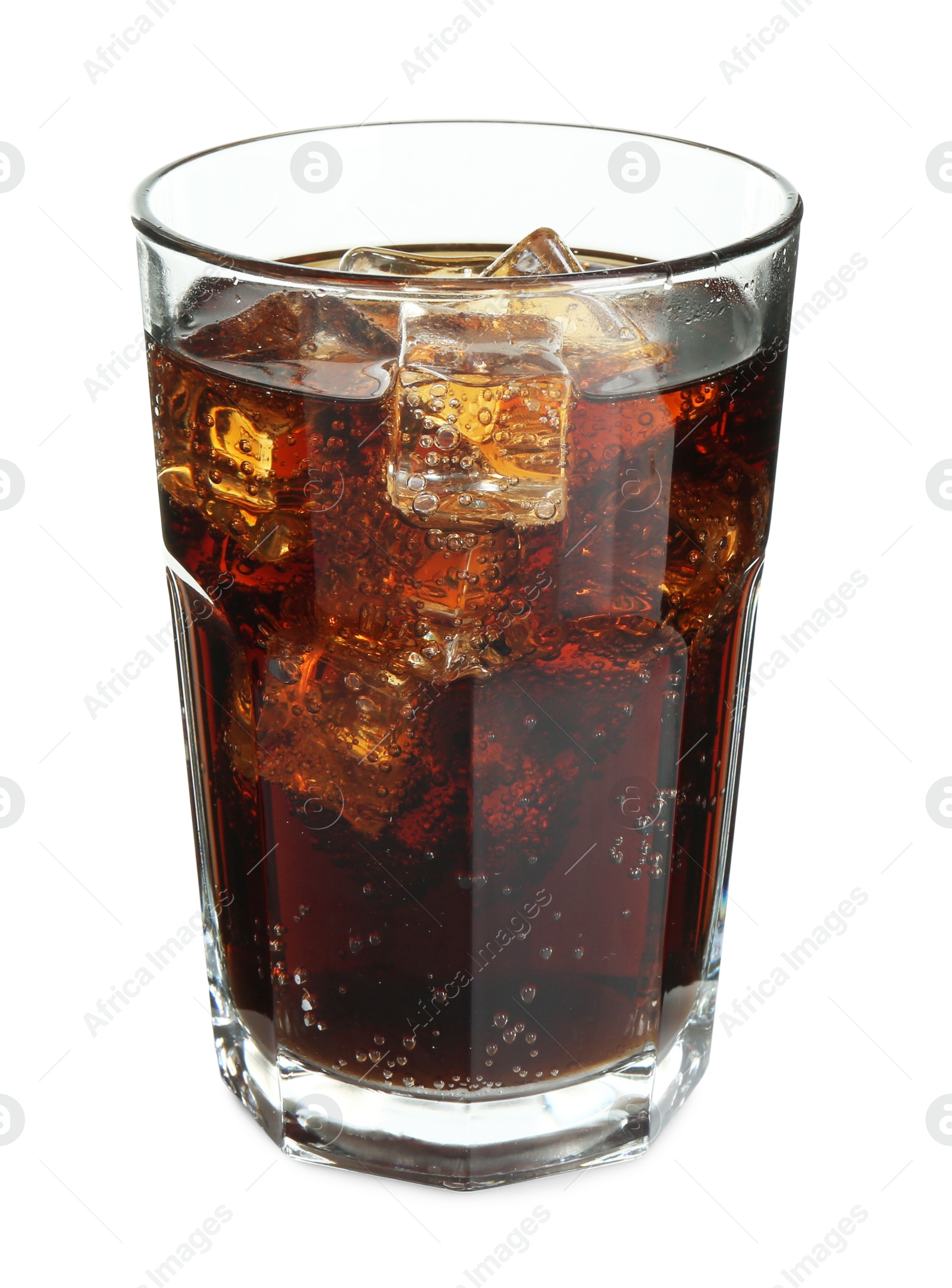 Photo of Glass of refreshing sweet soda water with ice cubes isolated on white