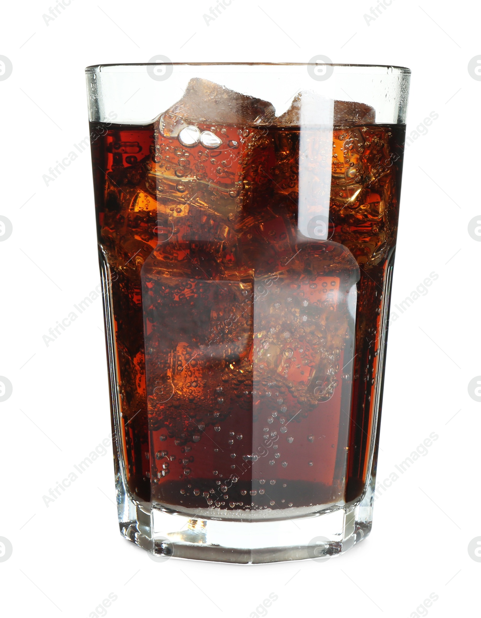 Photo of Glass of refreshing sweet soda water with ice cubes isolated on white