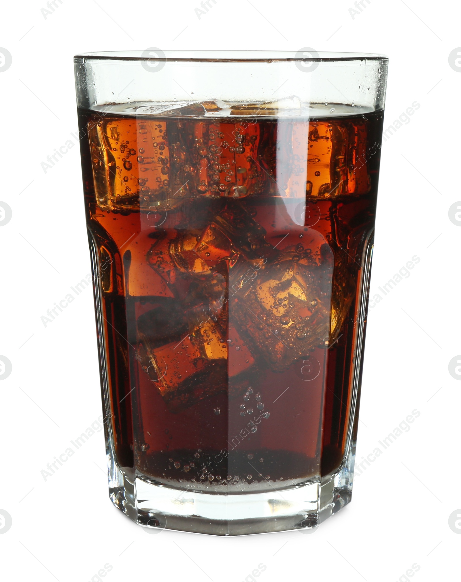 Photo of Glass of refreshing sweet soda water with ice cubes isolated on white