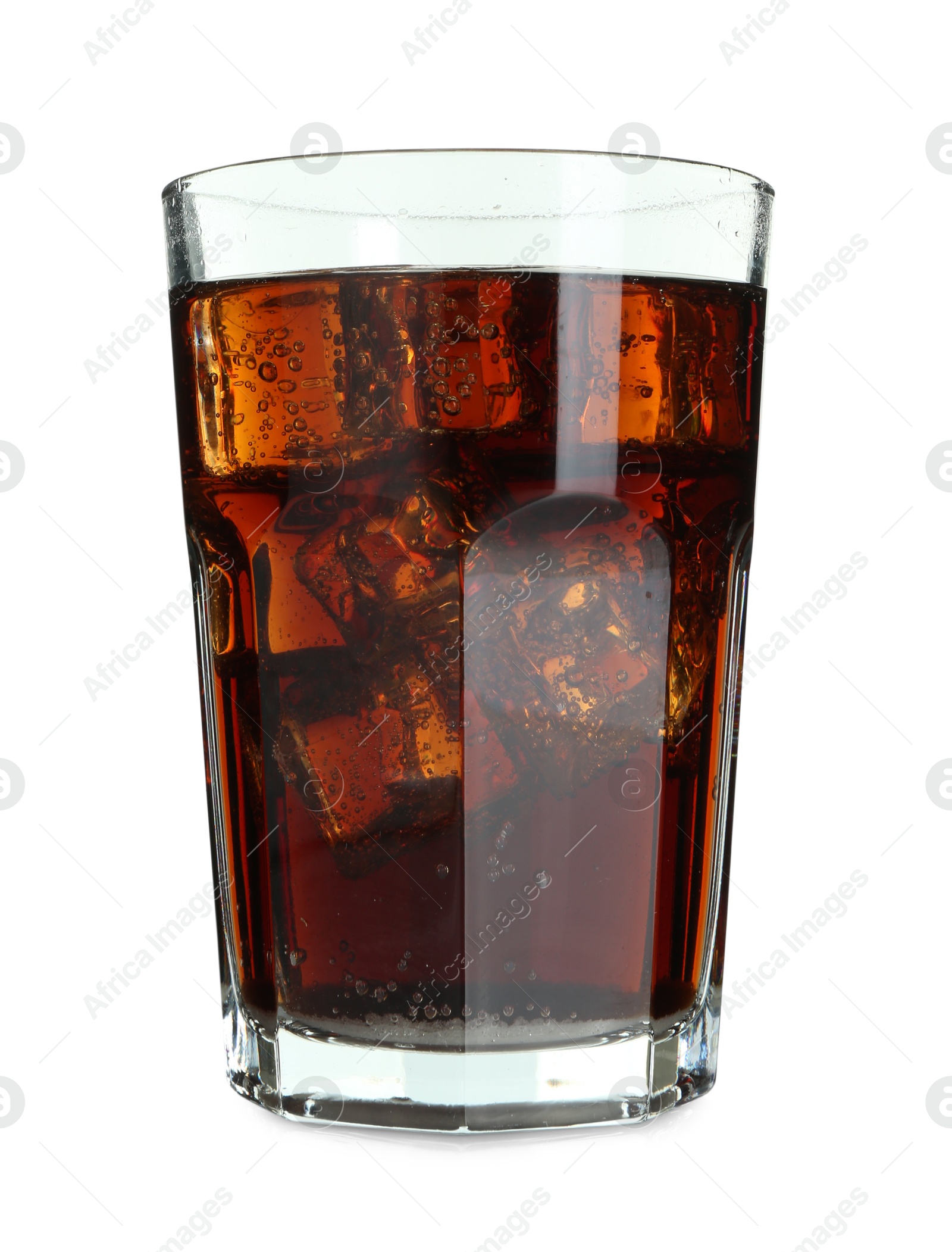 Photo of Glass of refreshing sweet soda water with ice cubes isolated on white