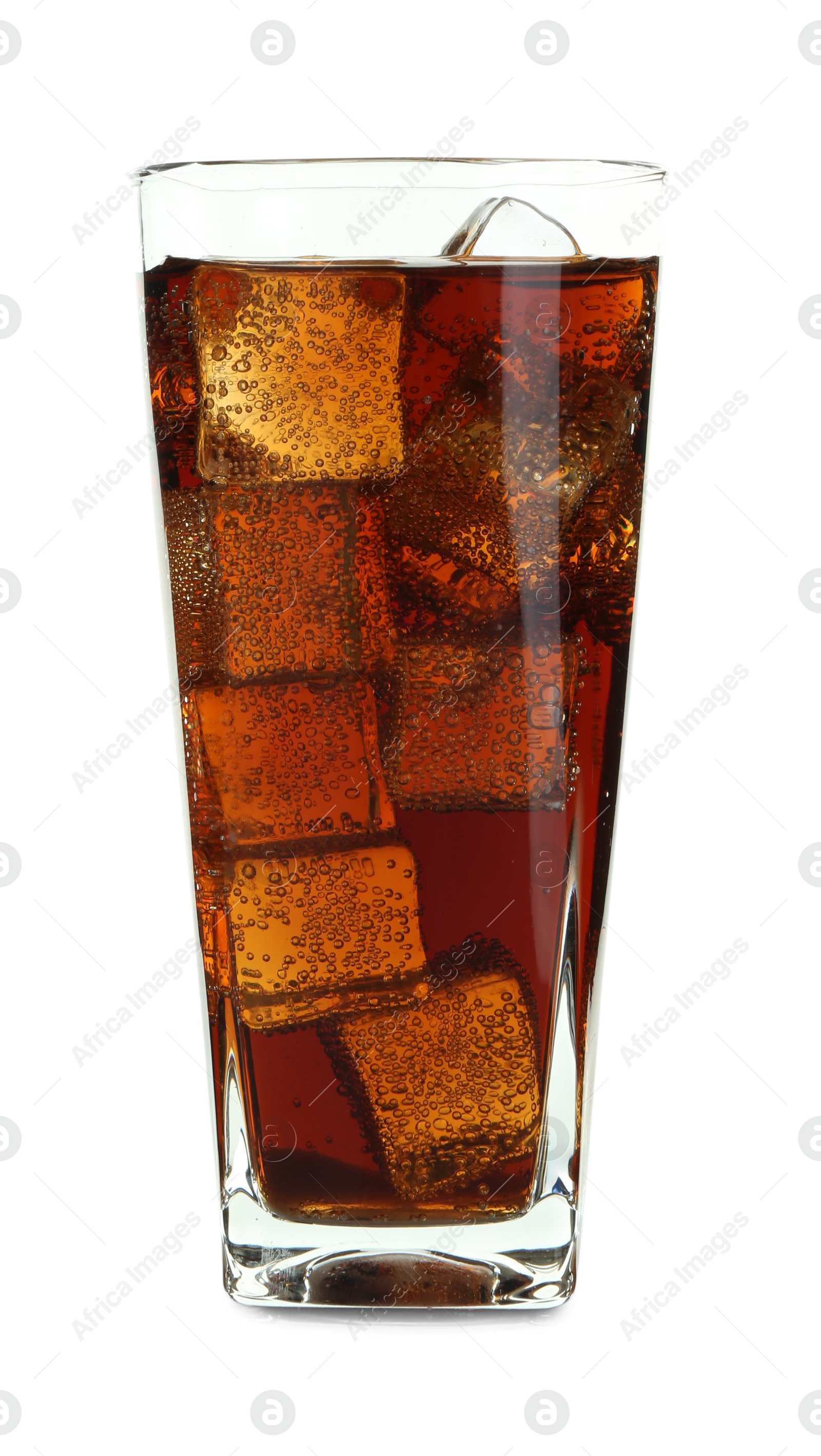 Photo of Glass of refreshing sweet soda water with ice cubes isolated on white