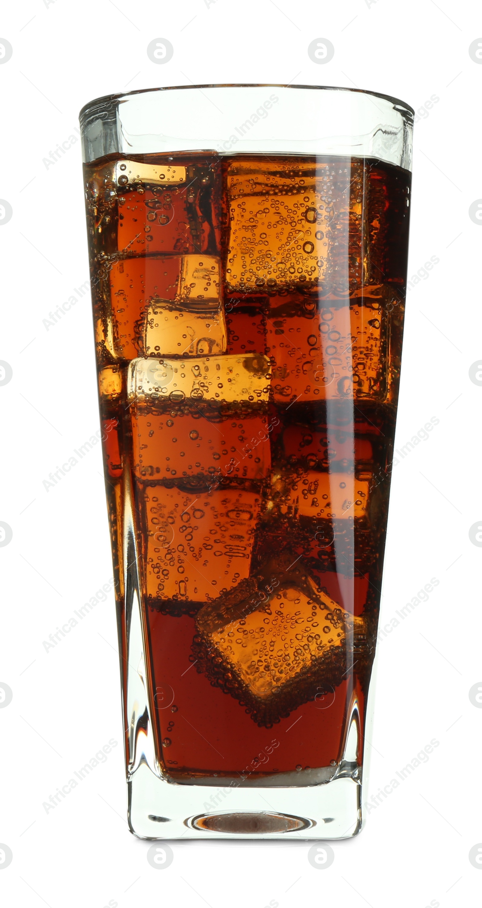 Photo of Glass of refreshing sweet soda water with ice cubes isolated on white