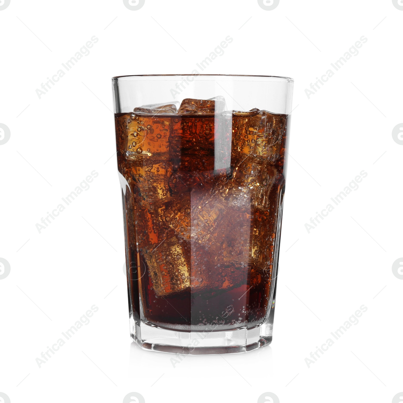 Photo of Sweet soda water with ice cubes in glass isolated on white