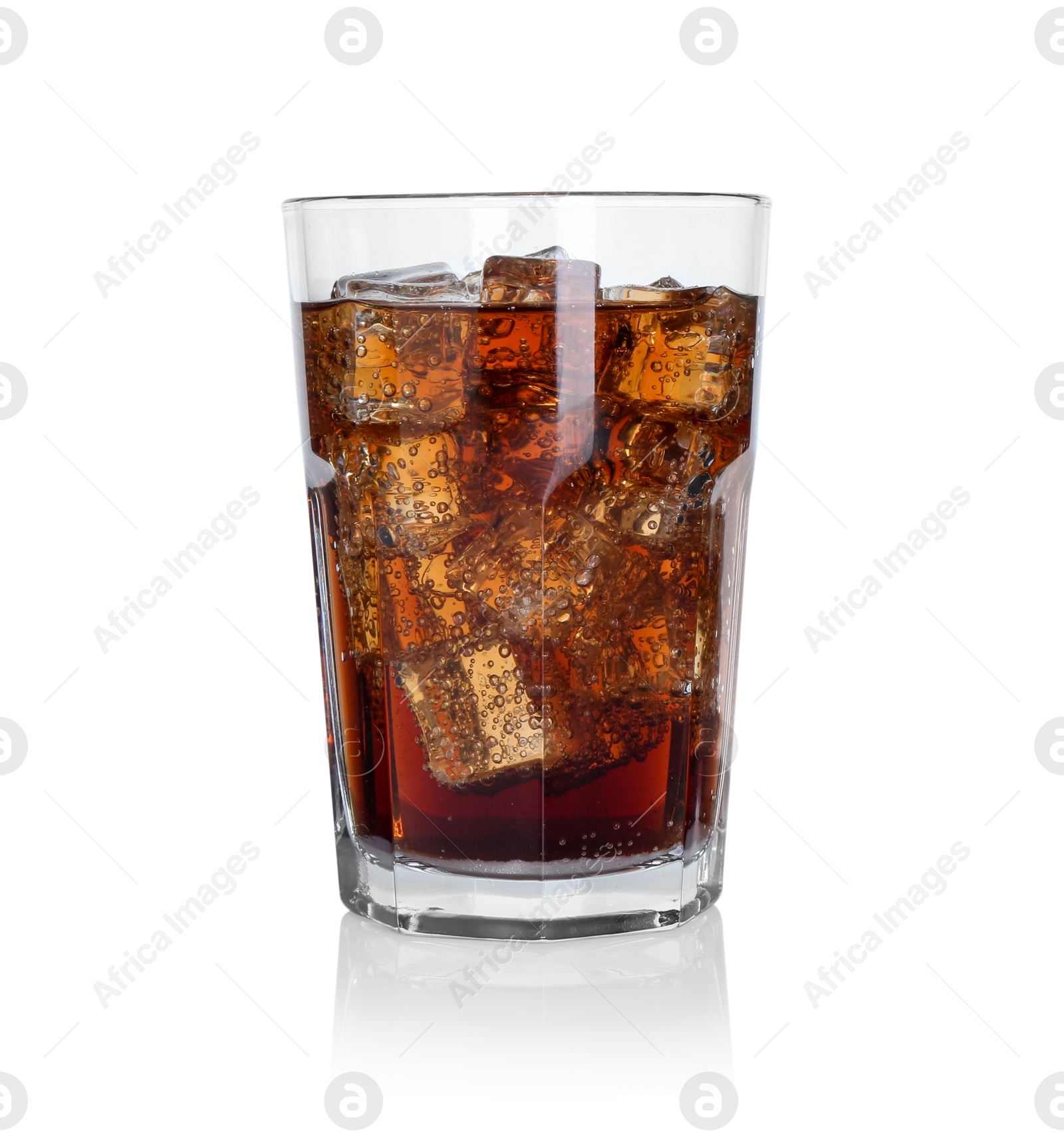 Photo of Sweet soda water with ice cubes in glass isolated on white