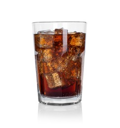 Photo of Sweet soda water with ice cubes in glass isolated on white