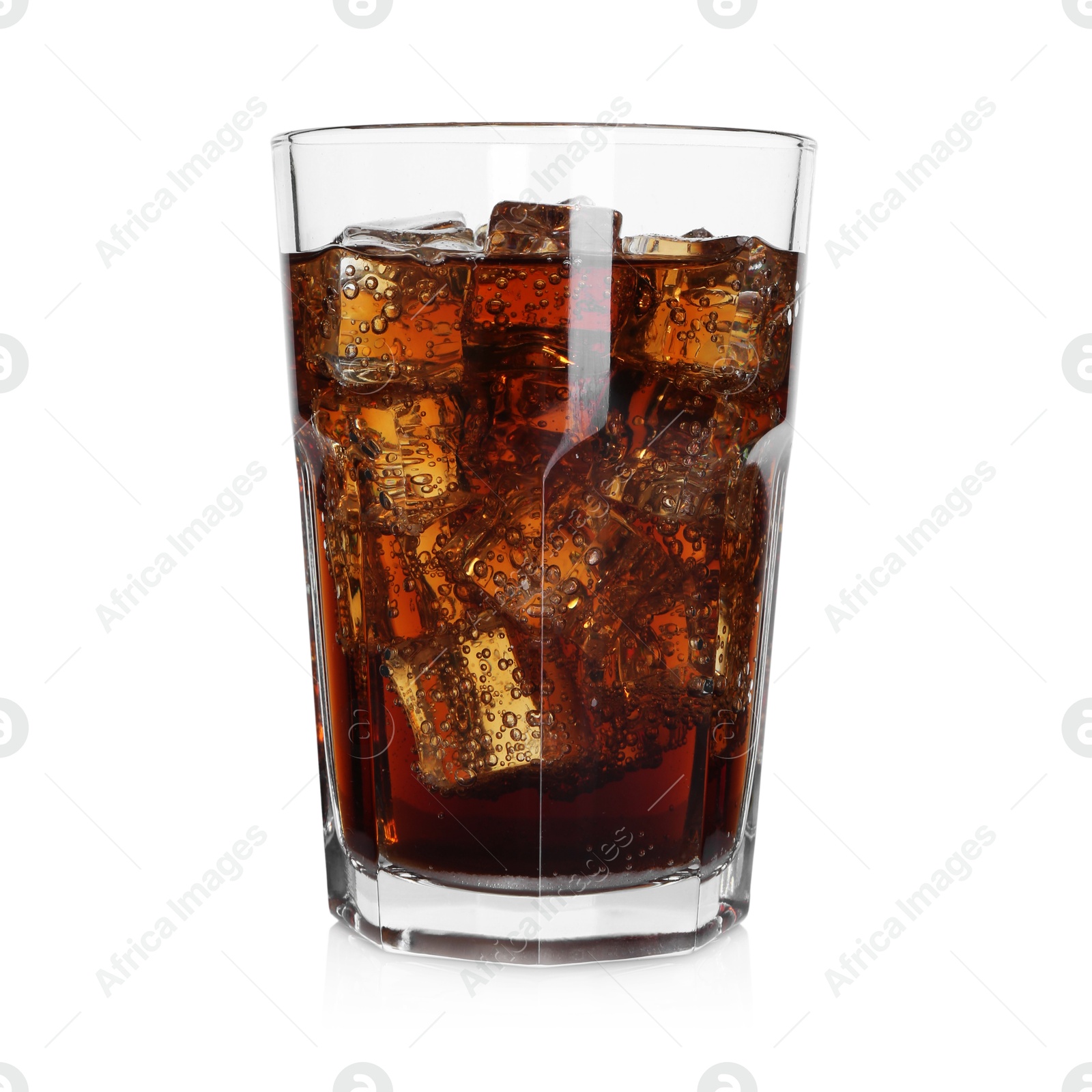 Photo of Sweet soda water with ice cubes in glass isolated on white