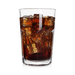 Photo of Sweet soda water with ice cubes in glass isolated on white