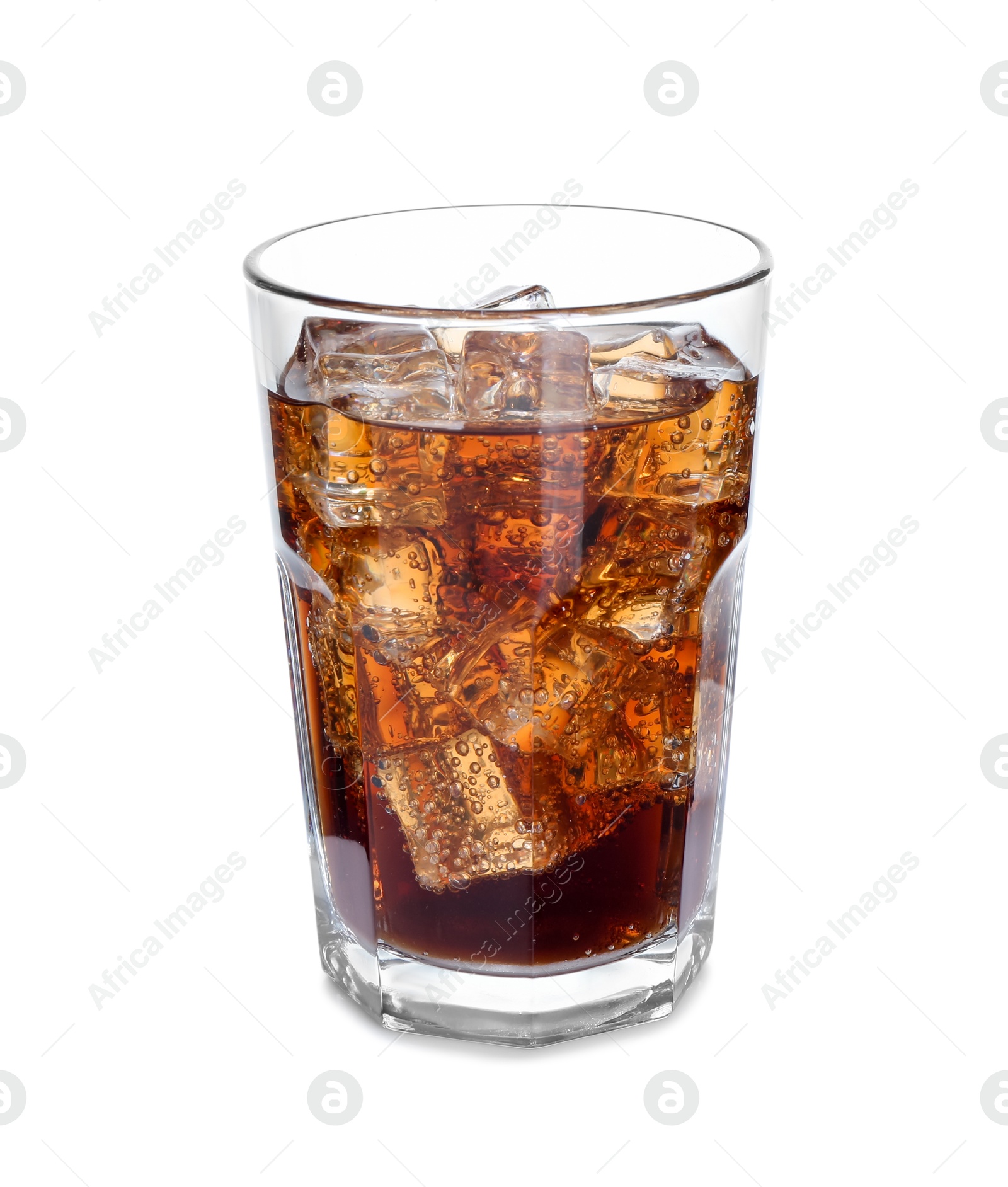 Photo of Sweet soda water with ice cubes in glass isolated on white