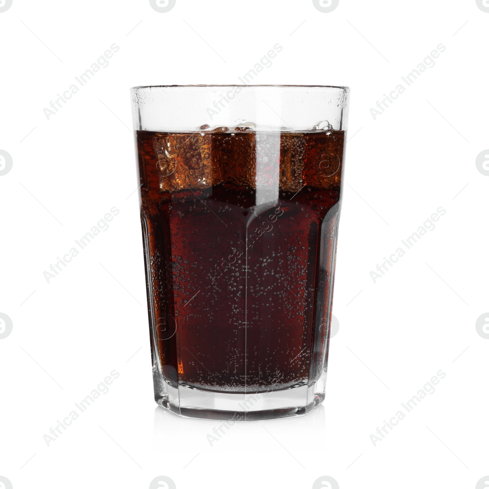 Photo of Sweet soda water with ice cubes in glass isolated on white