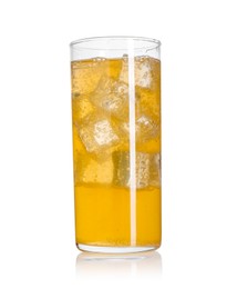 Photo of Sweet soda water with ice cubes in glass isolated on white