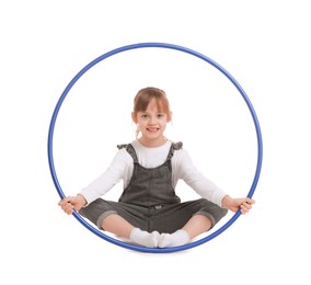 Photo of Cute little girl with hula hoop on white background