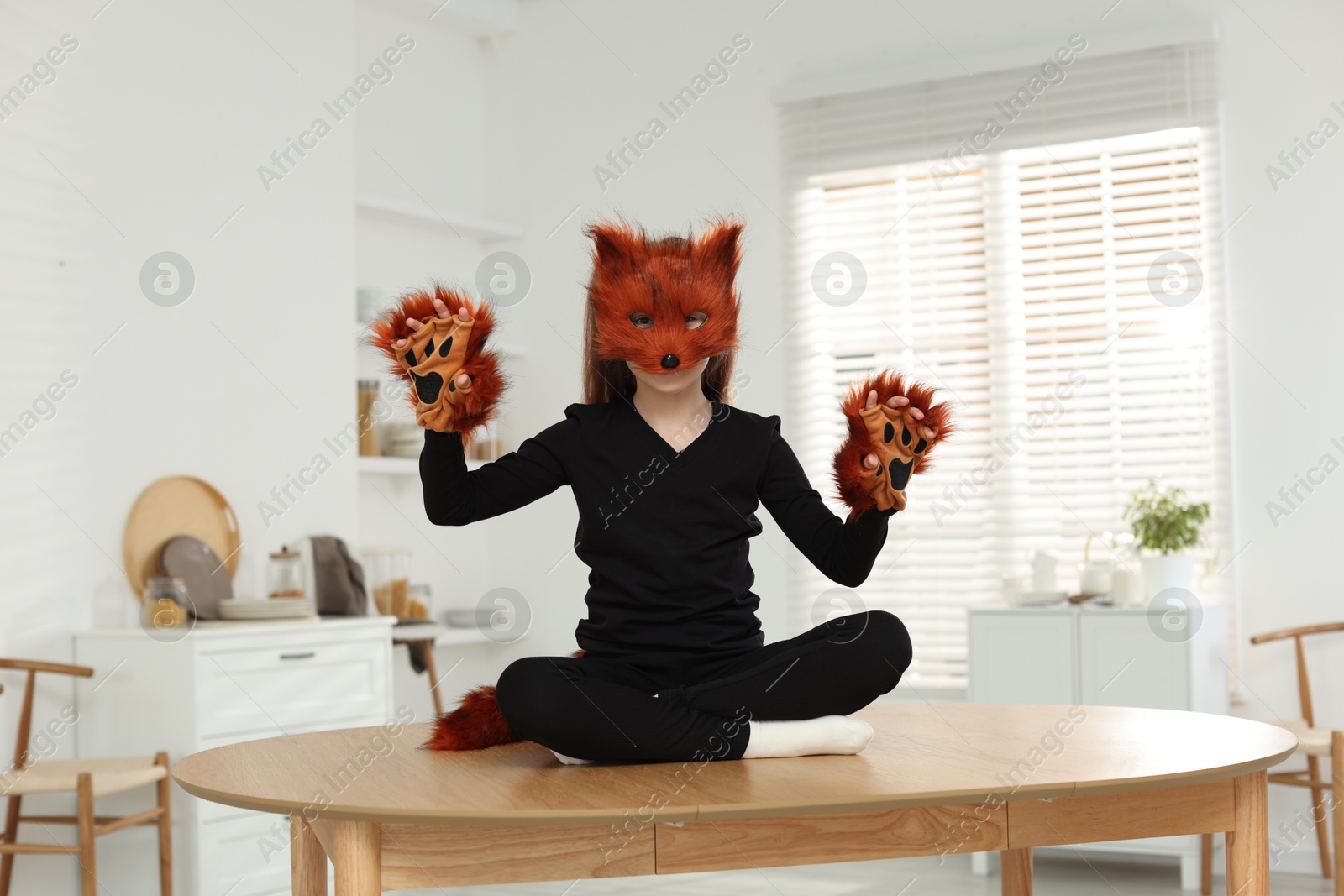 Photo of Quadrobics. Girl wearing fox mask, tail and gloves on table at home