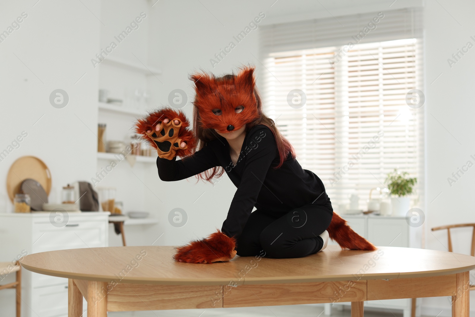 Photo of Quadrobics. Girl wearing fox mask, tail and gloves on table at home