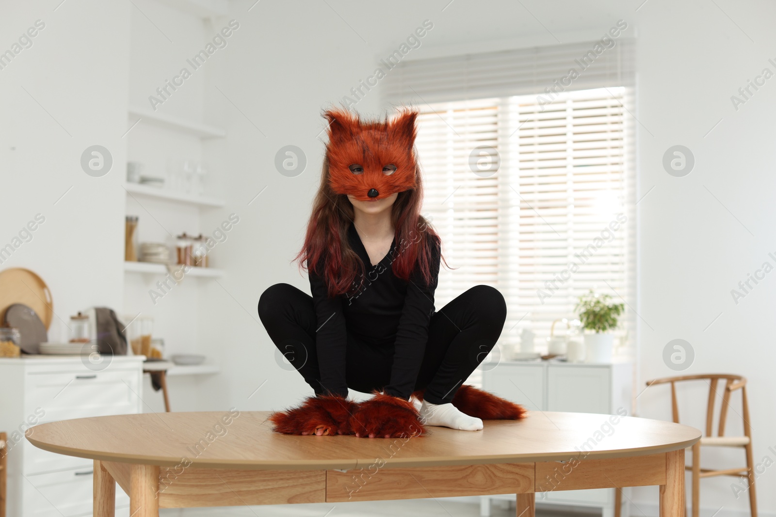 Photo of Quadrobics. Girl wearing fox mask, tail and gloves on table at home