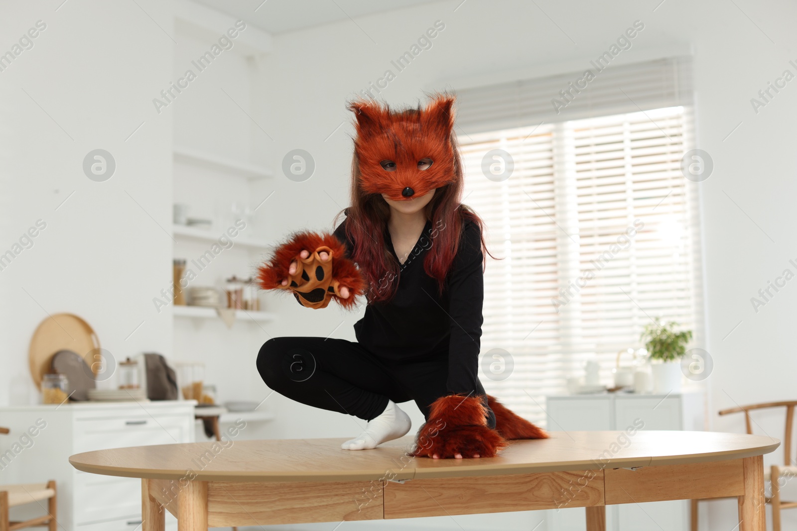 Photo of Quadrobics. Girl wearing fox mask, tail and gloves on table at home