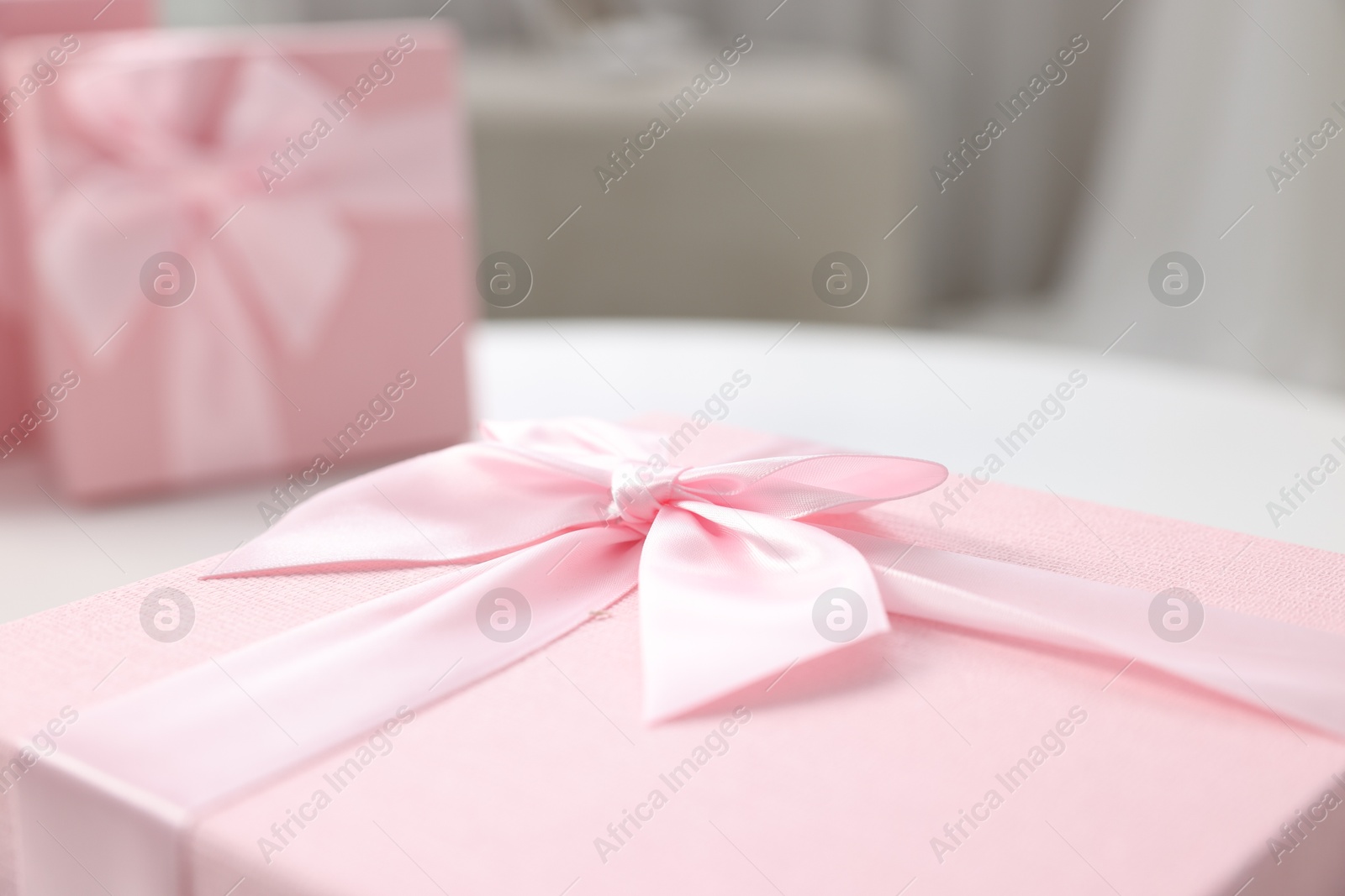 Photo of Gift box for wedding day on table indoors, closeup. Space for text