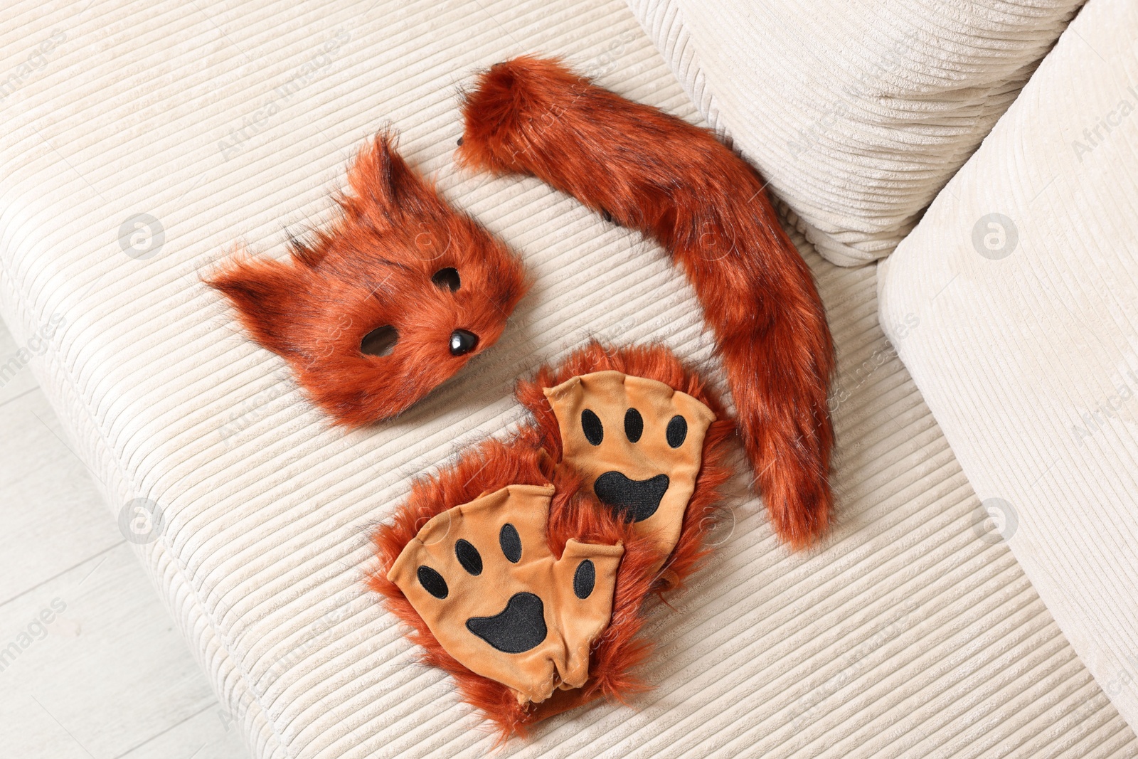 Photo of Quadrobics. Fox mask, gloves and tail on sofa, top view