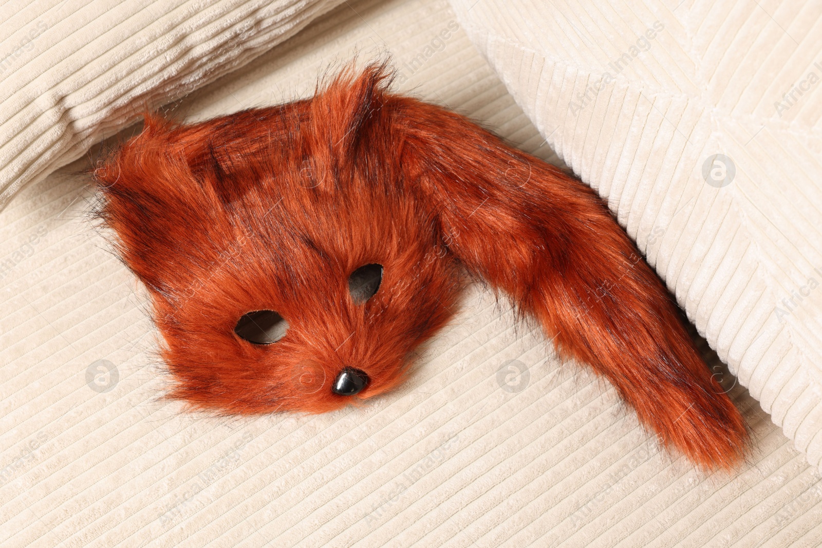 Photo of Quadrobics. Fox mask and tail on sofa, above view