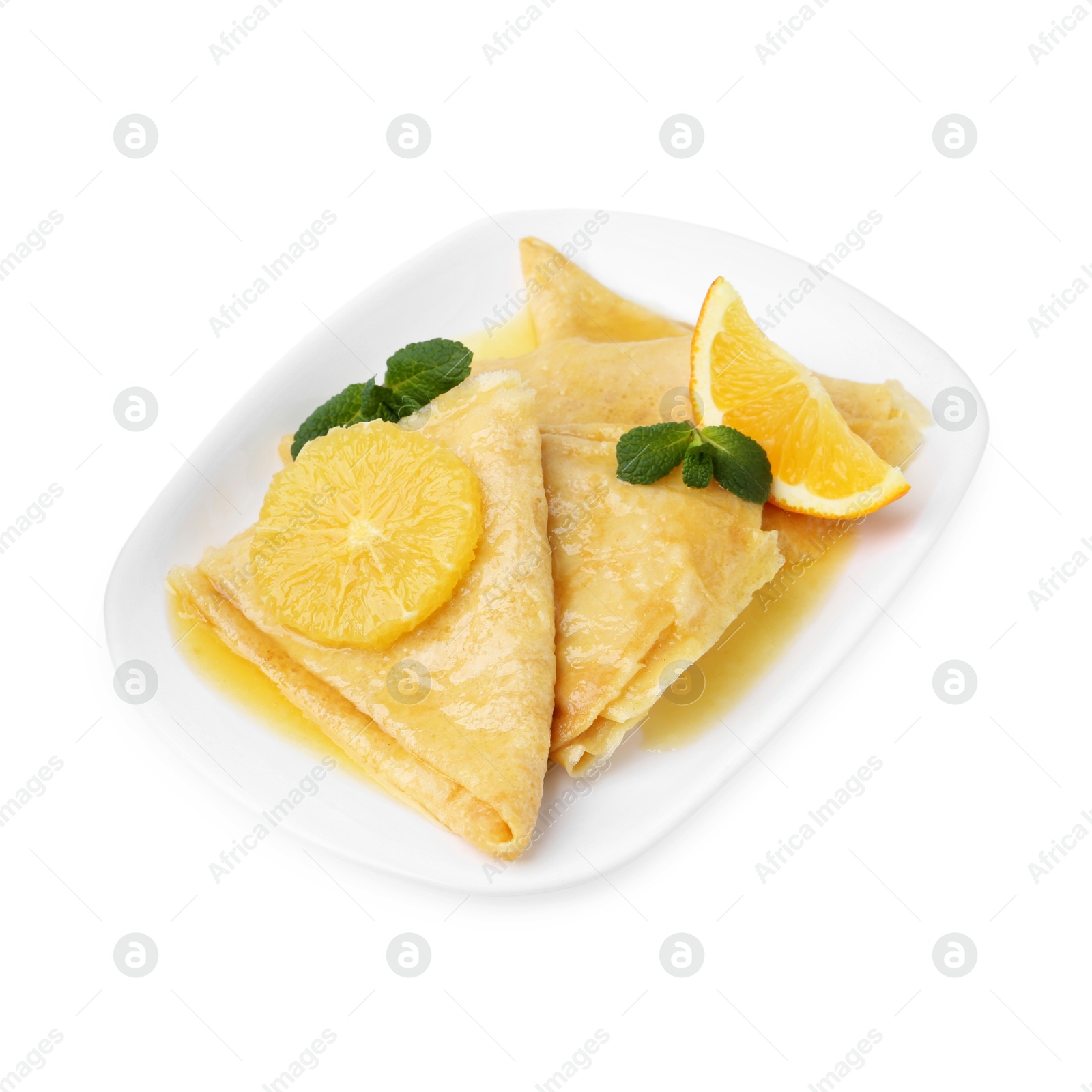 Photo of Delicious Crepes Suzette dessert isolated on white