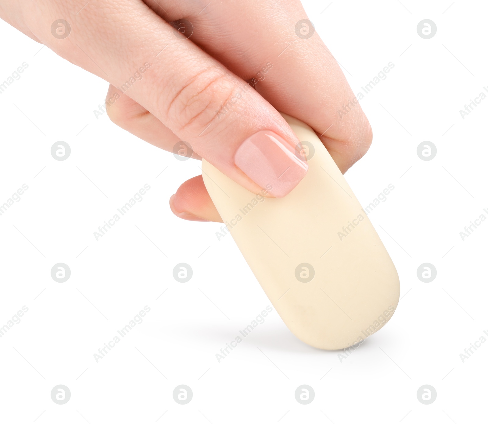 Photo of Woman using eraser on white background, closeup