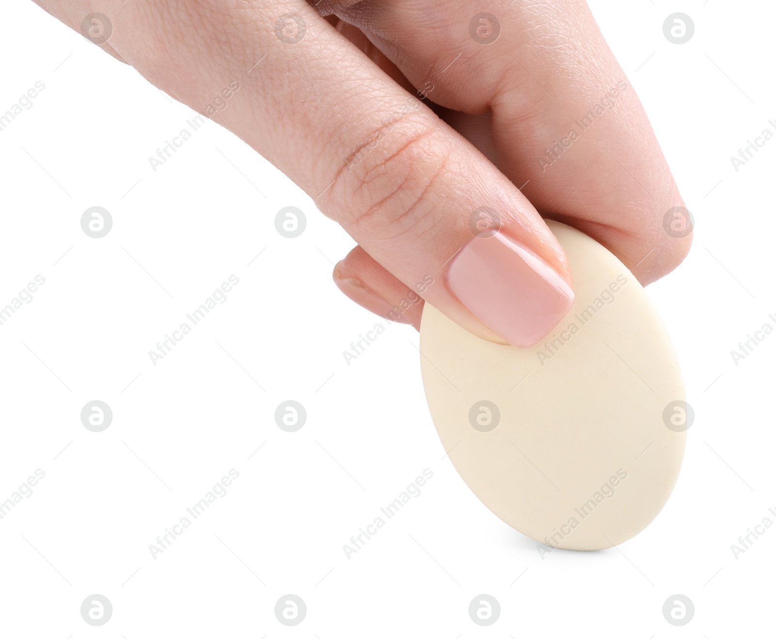 Photo of Woman using eraser on white background, closeup