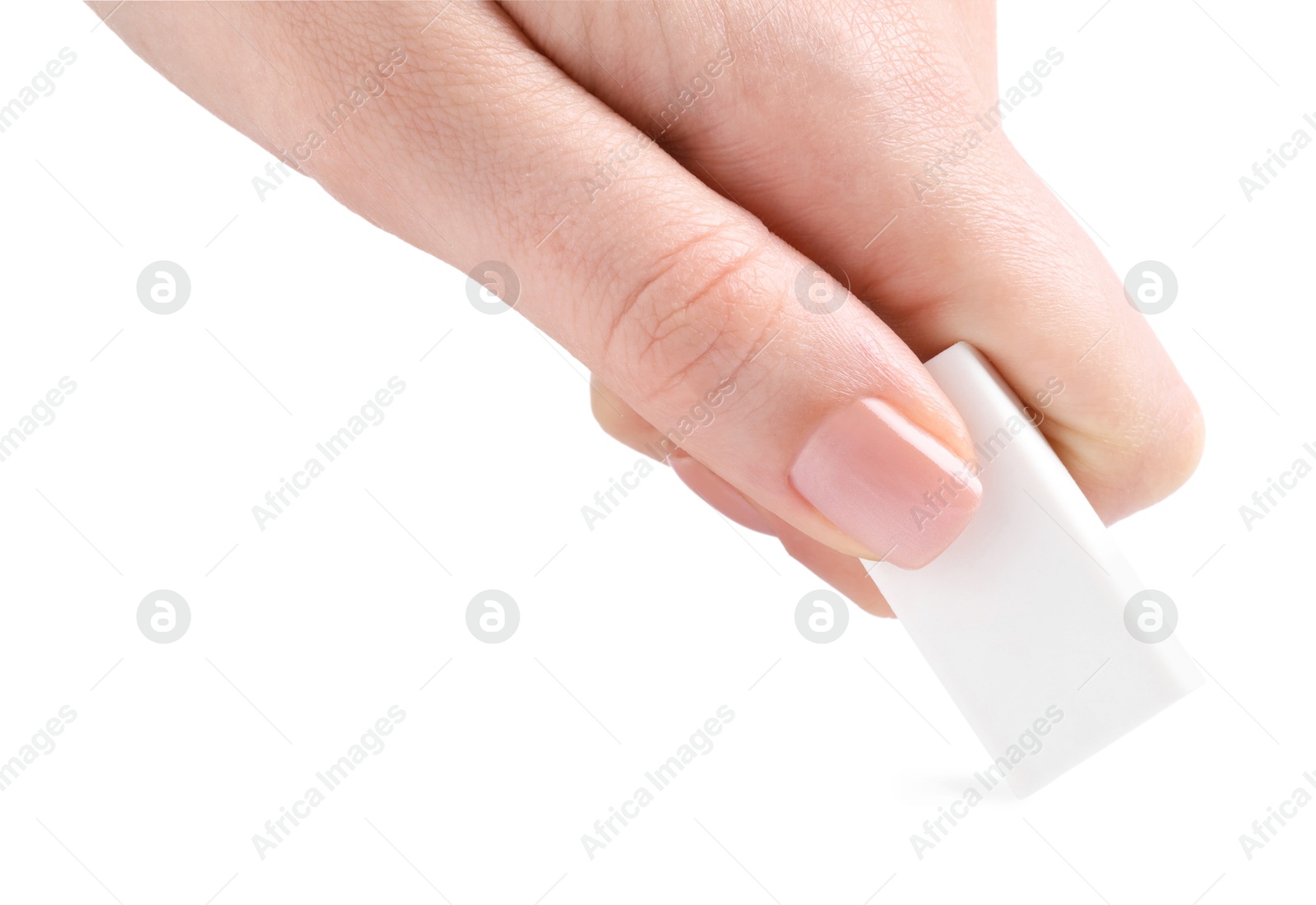 Photo of Woman using eraser on white background, closeup