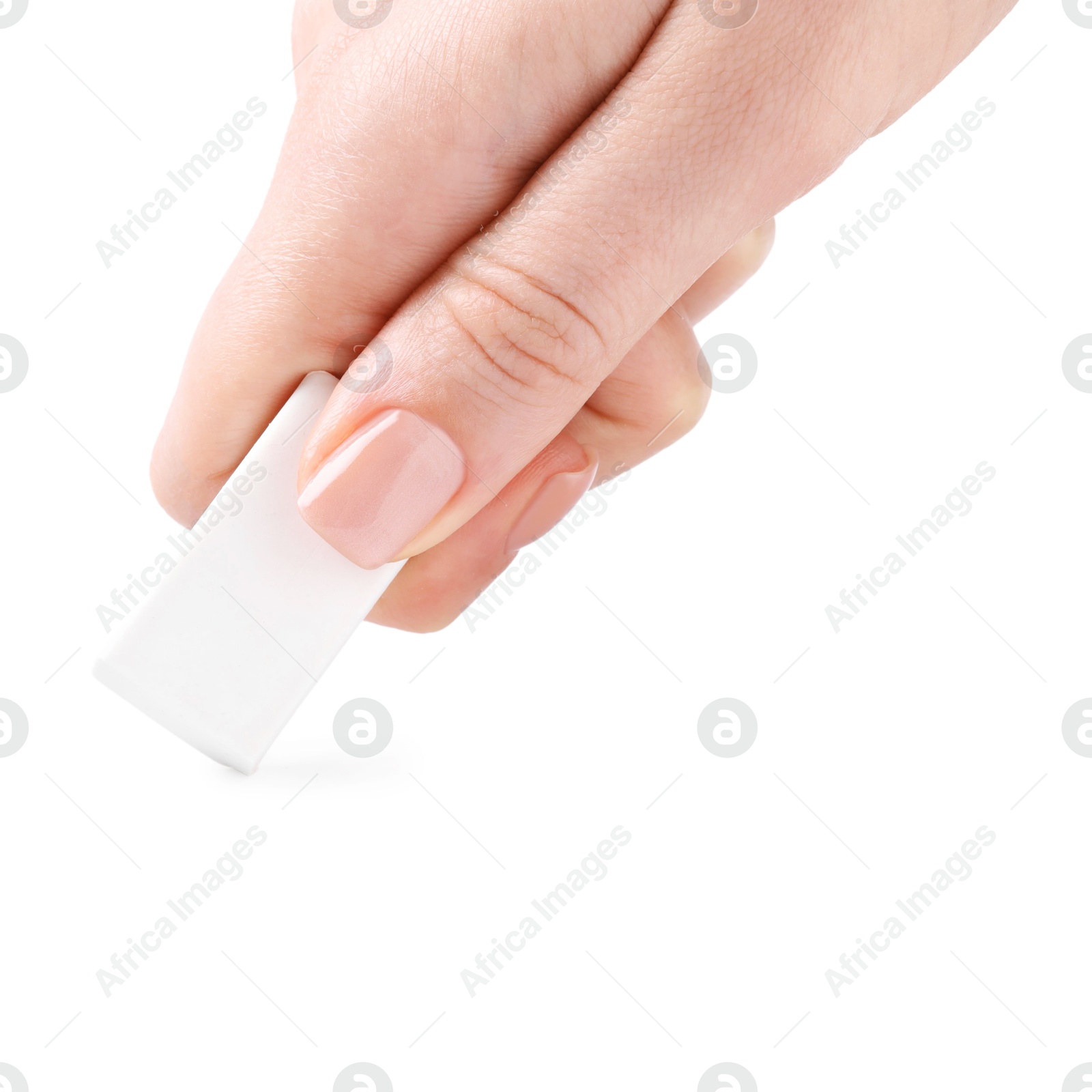 Photo of Woman using eraser on white background, closeup