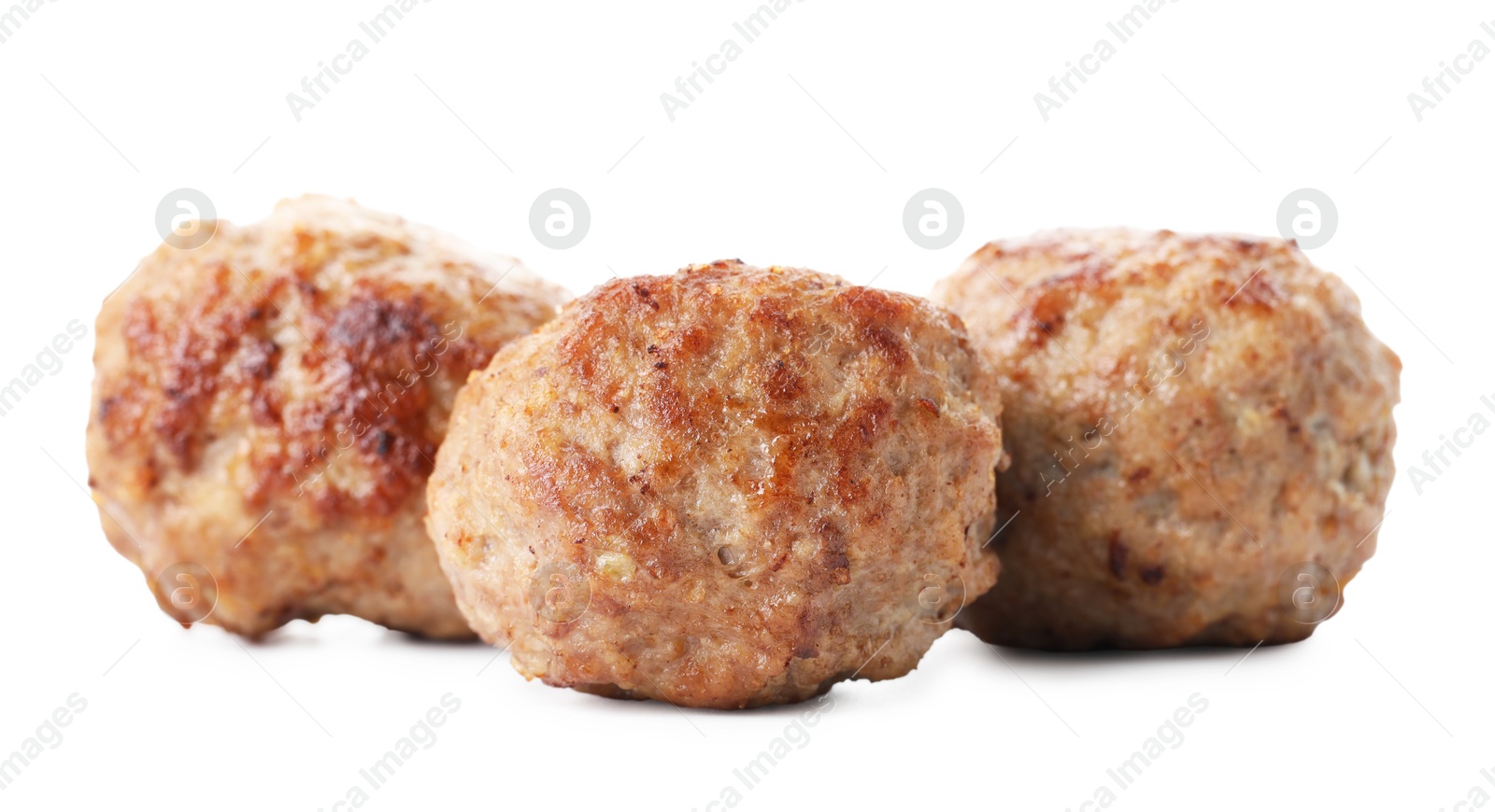 Photo of Group of tasty cooked meatballs isolated on white