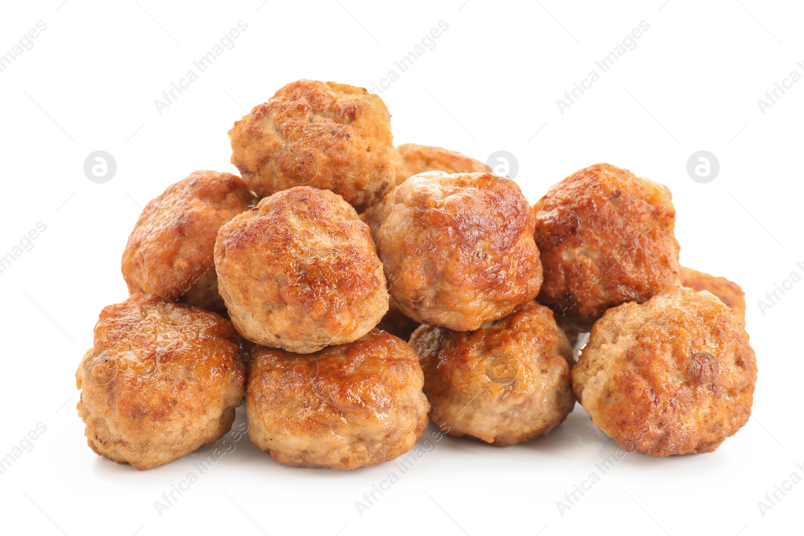 Photo of Group of tasty cooked meatballs isolated on white