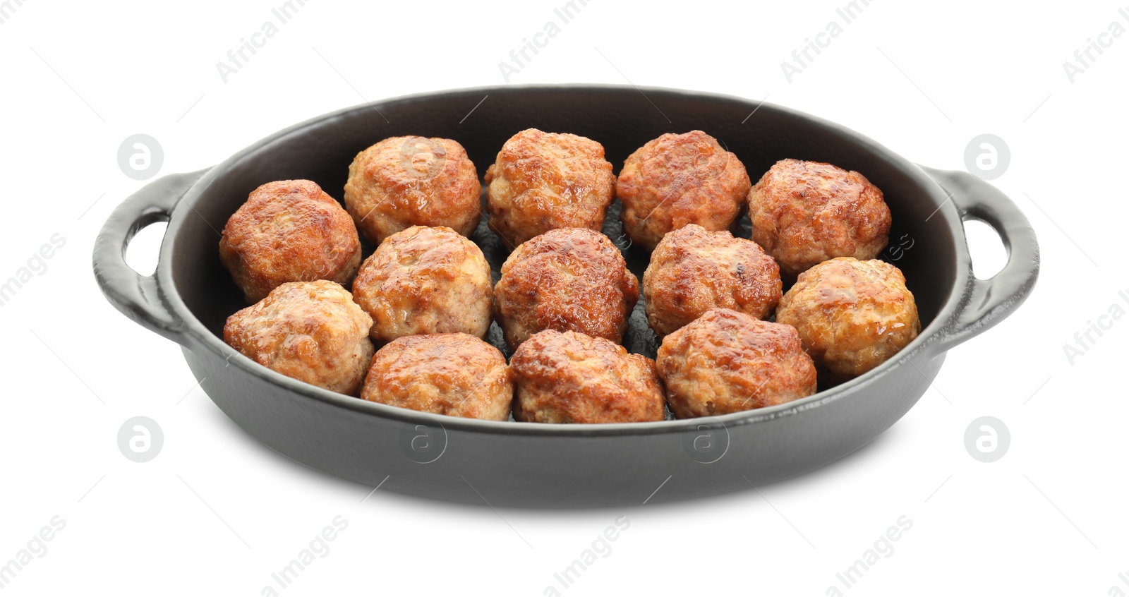 Photo of Tasty meatballs in baking dish isolated on white