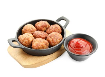 Photo of Tasty meatballs in baking dish and tomato sauce isolated on white