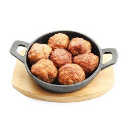 Photo of Tasty meatballs in baking dish isolated on white