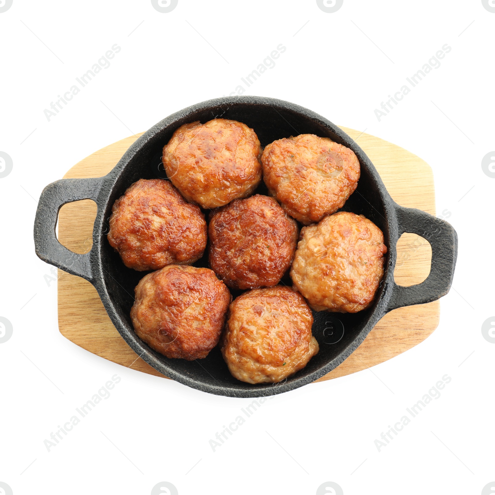 Photo of Tasty meatballs in baking dish isolated on white, top view