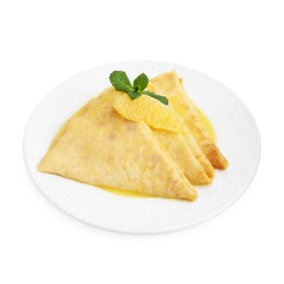 Photo of Plate with tasty crepes Suzette isolated on white