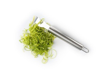 Photo of Lime zest and zester tool isolated on white, top view