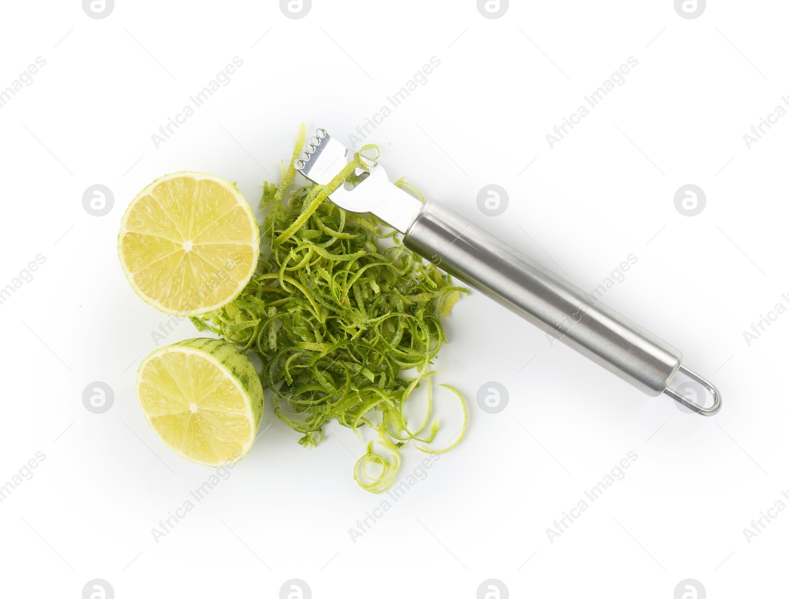 Photo of Lime zest, fresh fruits and zester tool isolated on white, top view