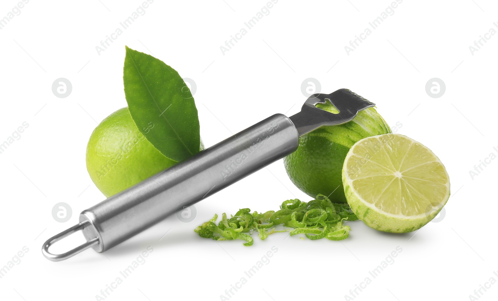 Photo of Lime zest, fresh fruits and zester tool isolated on white