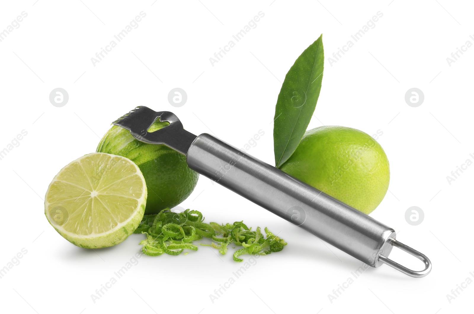 Photo of Lime zest, fresh fruits and zester tool isolated on white