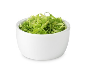 Photo of Fresh lime zest in bowl isolated on white