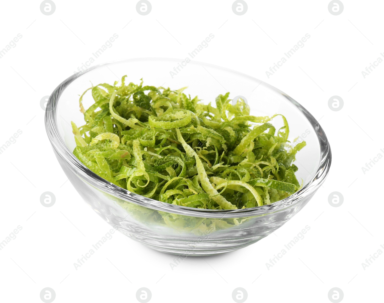 Photo of Fresh lime zest in bowl isolated on white